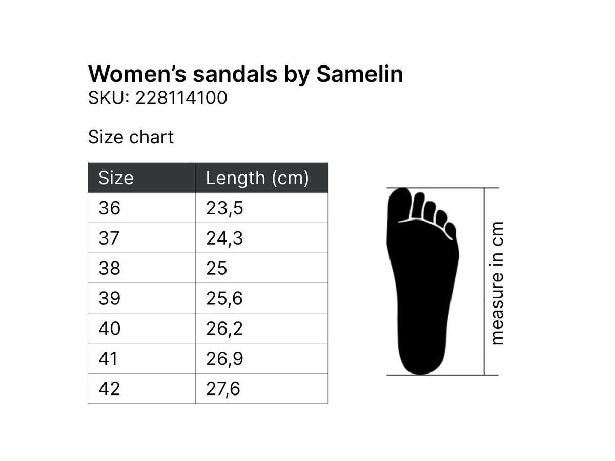 10. Size chart for women's sandals by Samelin, showing sizes 36 to 42 in cm