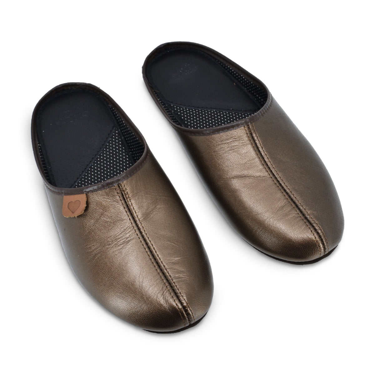 2. Pair of women's bronze leather slippers Sänna by OmaKing, top view highlighting handcrafted details and velour outsole