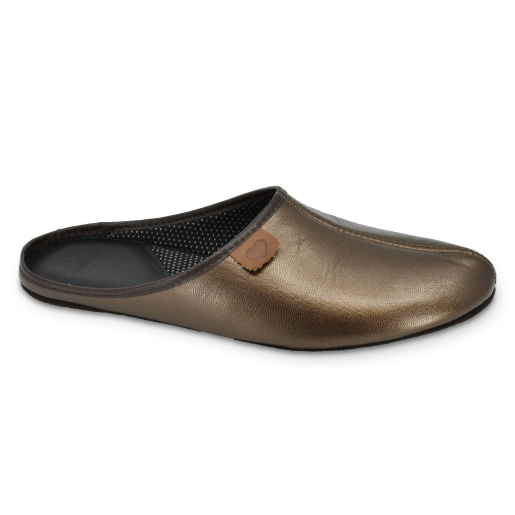 1. Women's bronze leather slipper Sänna by OmaKing, side view showing slip-on design and smooth leather finish