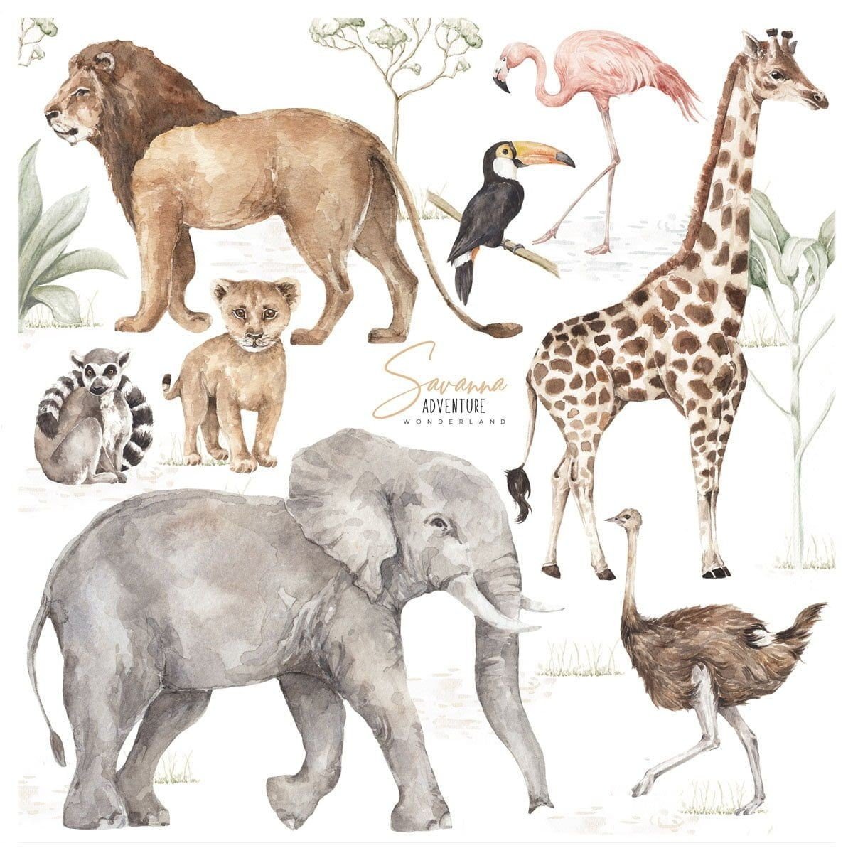1. Savanna Wonderland wallstickers featuring giraffe, elephant, lion, lemur, toucan, flamingo, and ostrich in soft pastels on white background
