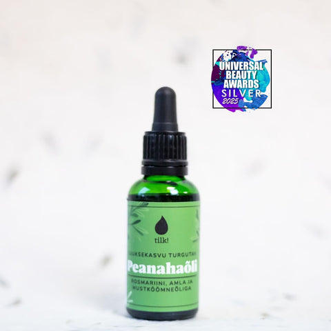 1. Tilk! Scalp Oil for boosting hair growth, 30ml, with award badge, featuring black cumin and rosemary extracts