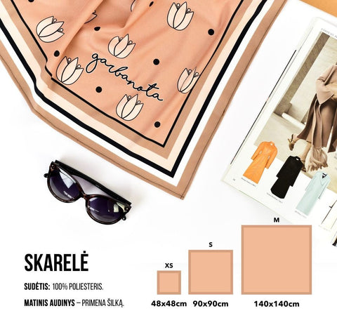 4. Size chart for Garbanota scarves in XS, S, M, showing dimensions and material details