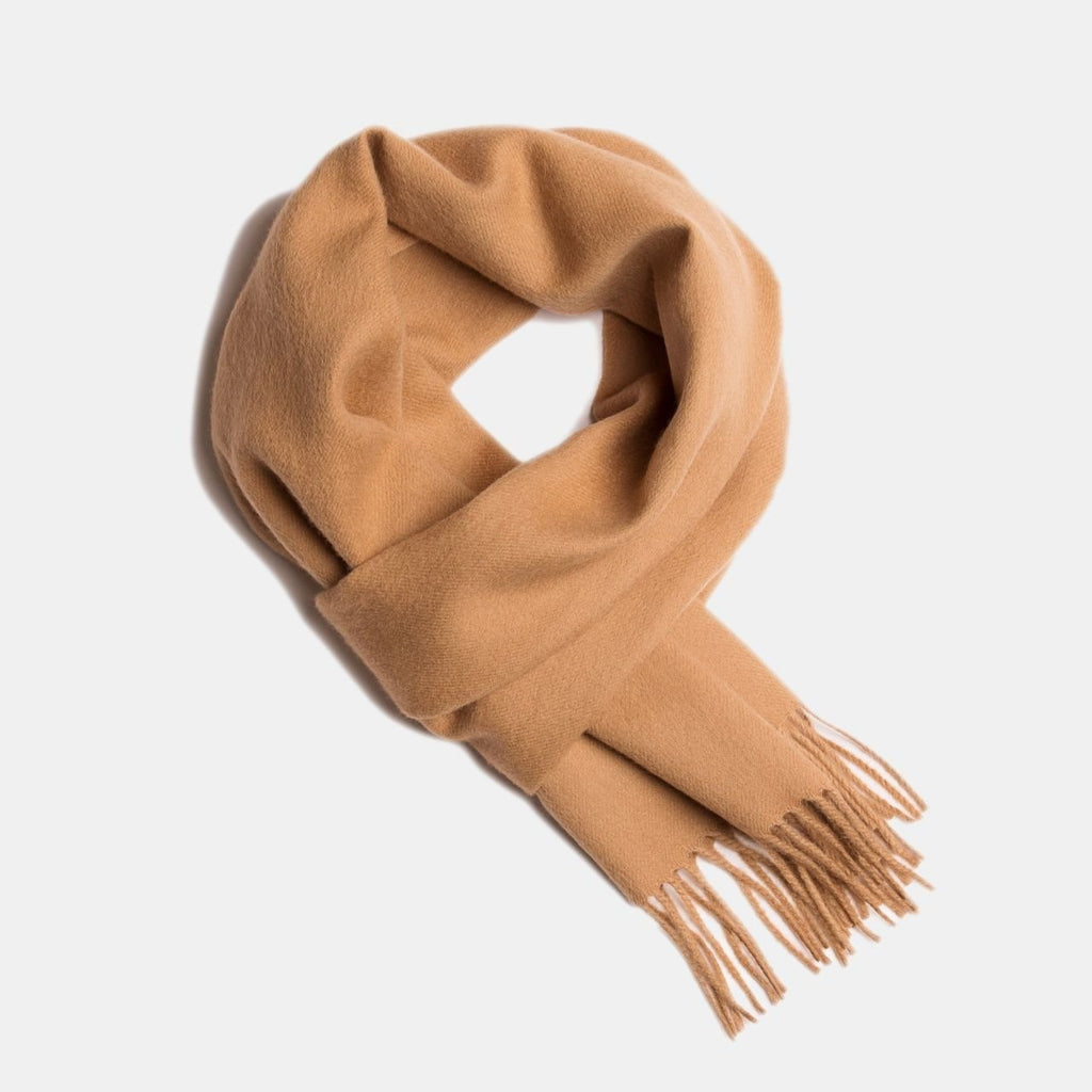 5. Brown Alpaka baby alpaca wool scarf with fringe detail in flat lay