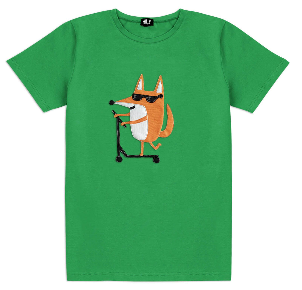 3. Men's green Scootering Fox T-shirt by HILP showcasing a fox on a scooter graphic, studio image