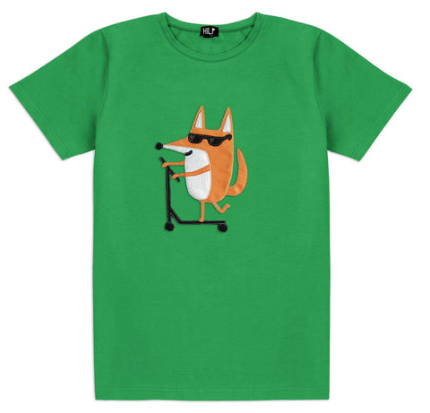 3. Men's green Scootering Fox T-shirt by HILP showcasing a fox on a scooter graphic, studio image