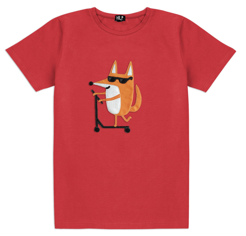 2. Men's red Scootering Fox T-shirt by HILP with a fun fox on a scooter design, studio shot