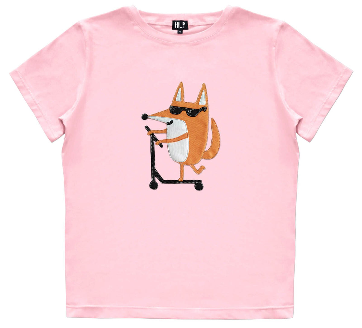 2. Women's pink Scootering Fox T-Shirt by HILP with a fun fox on a scooter design, regular fit, stretchy cotton-elastane fabric