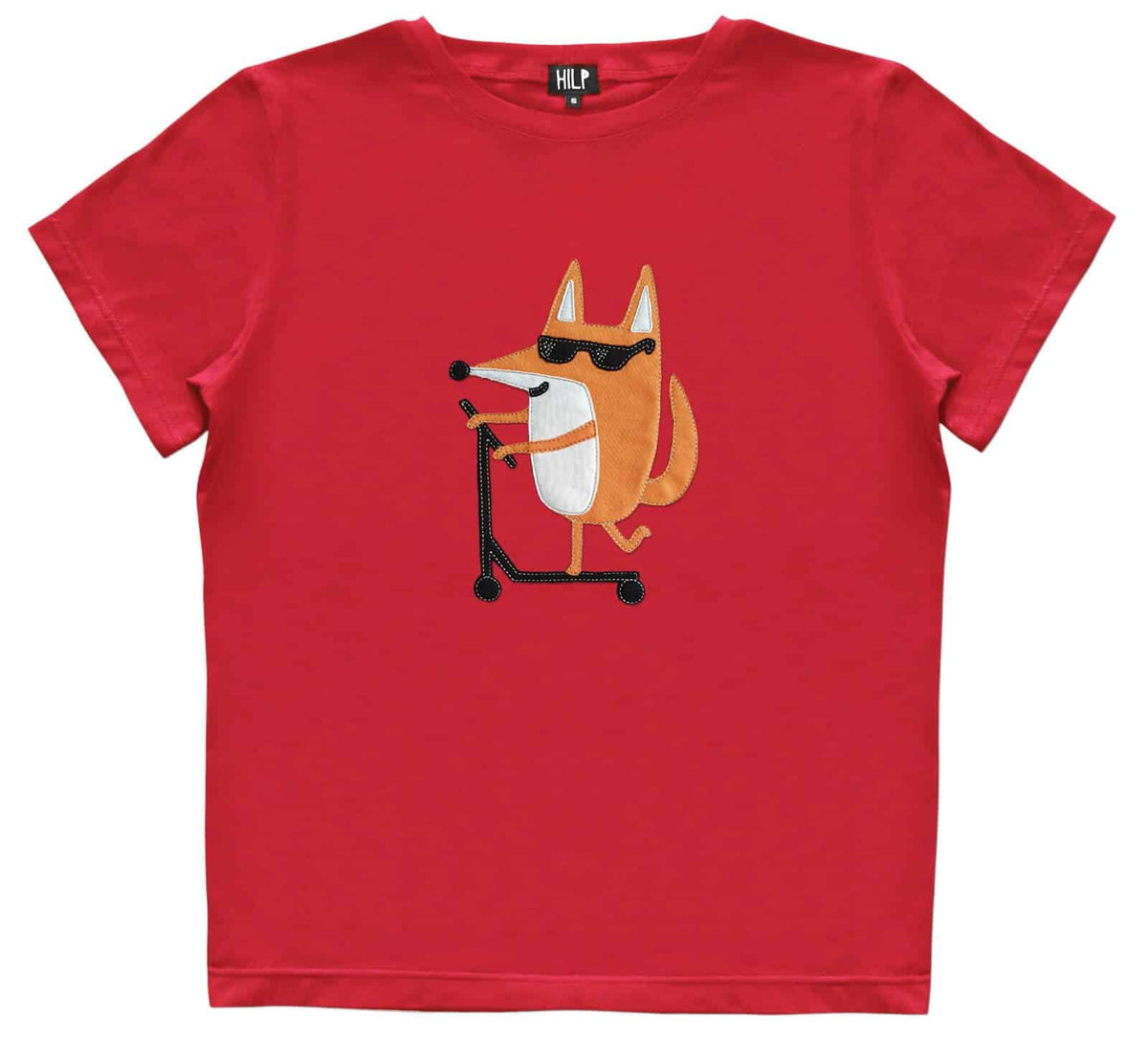 3. Women's red Scootering Fox T-Shirt by HILP showcasing a quirky fox on a scooter, regular fit, comfortable cotton-elastane material