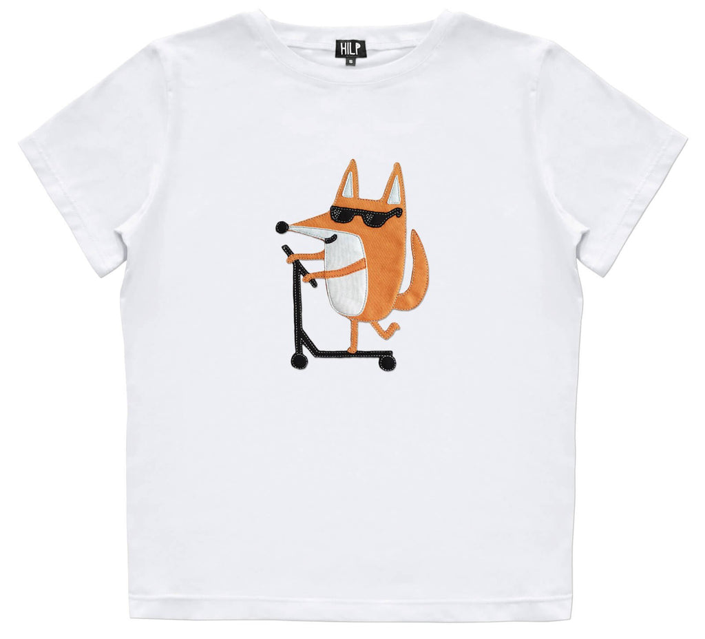1. Women's white Scootering Fox T-Shirt by HILP featuring a playful fox on a scooter, regular fit, cotton-elastane blend