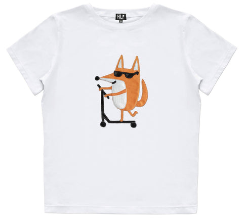 1. Women's white Scootering Fox T-Shirt by HILP featuring a playful fox on a scooter, regular fit, cotton-elastane blend