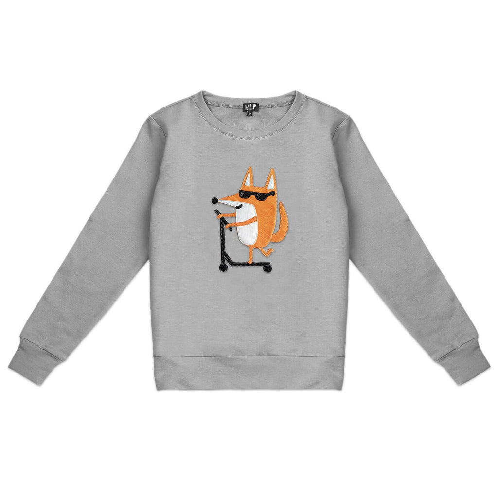 1. Women's grey Scootering Fox sweatshirt by HILP featuring a playful fox graphic, shown in studio setting