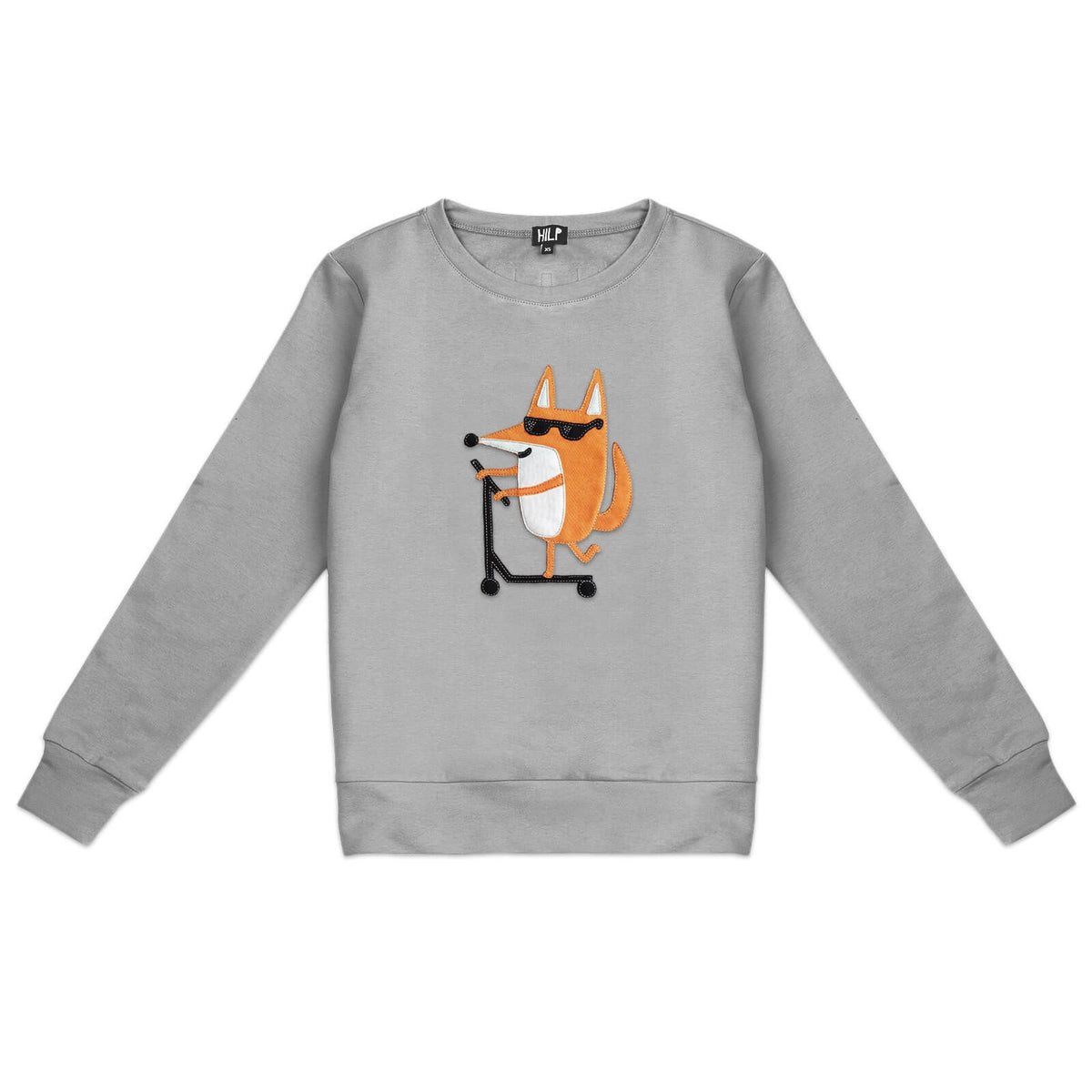 1. Women's grey Scootering Fox sweatshirt by HILP featuring a playful fox graphic, shown in studio setting