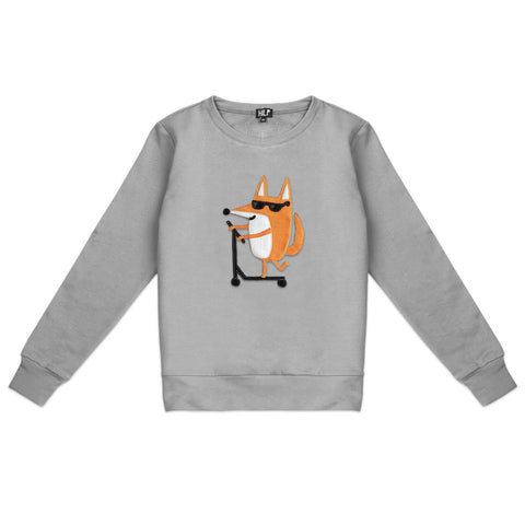 1. Women's grey Scootering Fox sweatshirt by HILP featuring a playful fox graphic, shown in studio setting