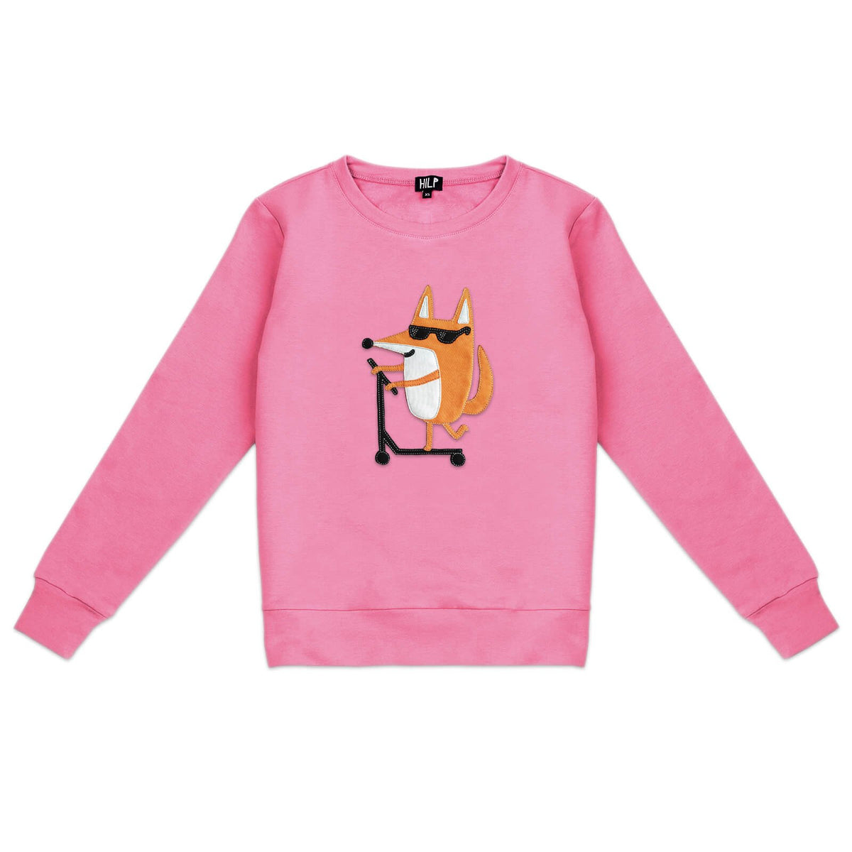 2. Women's pink Scootering Fox sweatshirt by HILP with a fun fox design, displayed in studio setting