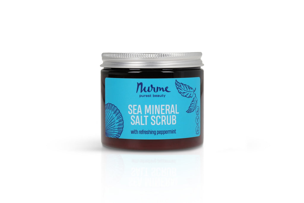 2. Nurme Sea Mineral Salt Scrub jar with blue label featuring peppermint design, displayed on white background