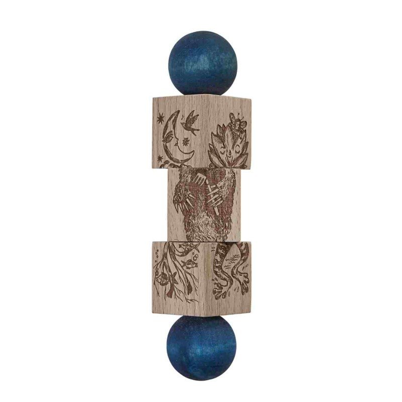 10. Wooden spinning puzzle block with engraved hedgehog character and blue ends