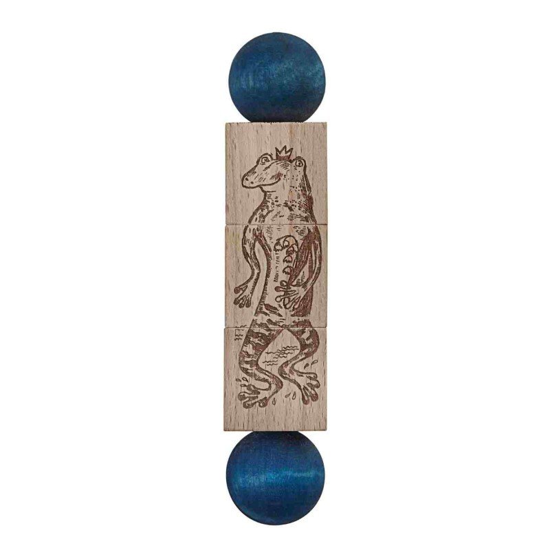 1. Wooden spinning puzzle block with engraved frog character and blue ends