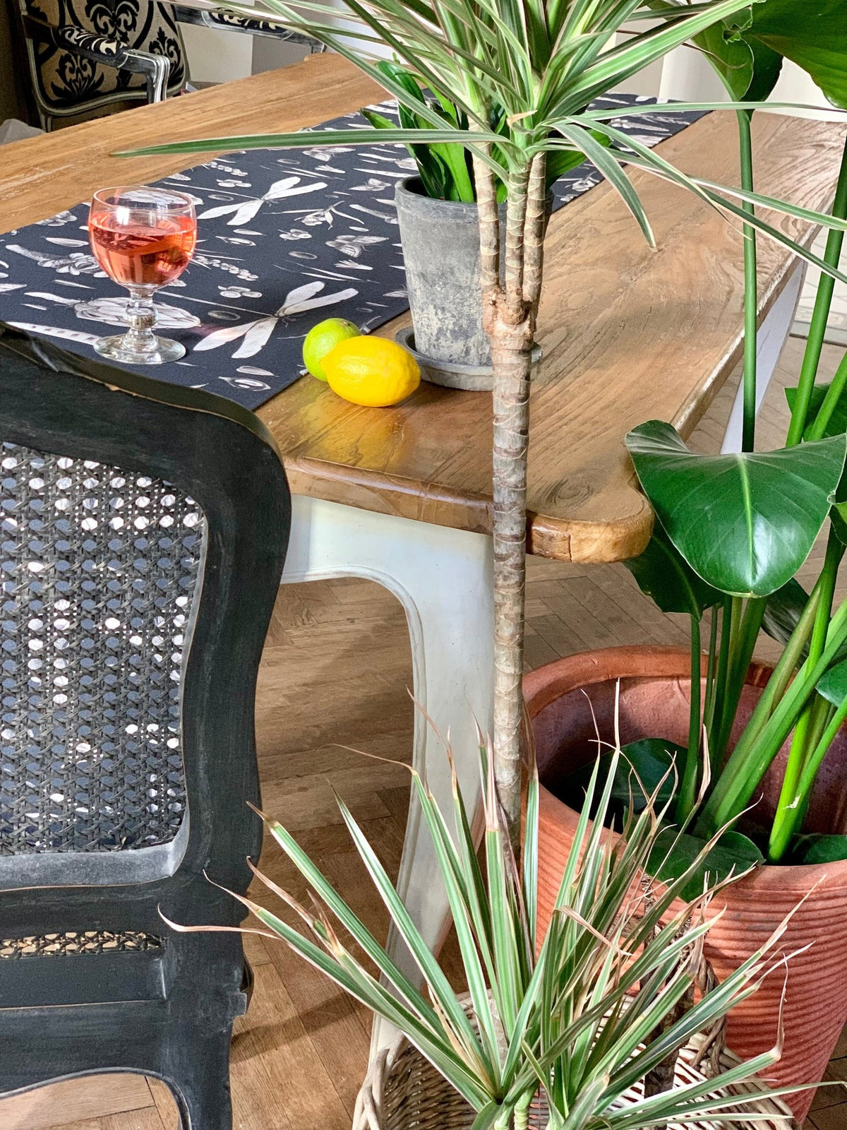3. Close-up of Seeds Carbon print table runner on wooden table with a glass of rosé and lemons, surrounded by potted plants
