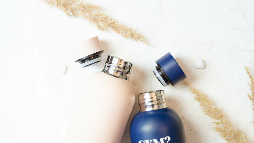 4. SEIK dark blue and beige water bottles with open lids, highlighting stainless steel interior