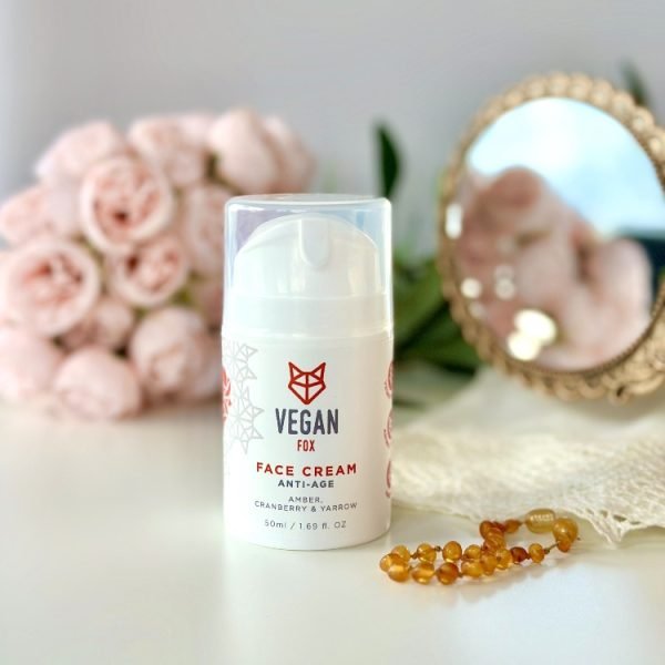 1. Vegan Fox Anti-Age Face Cream 50ml with amber and yarrow, styled with flowers and mirror