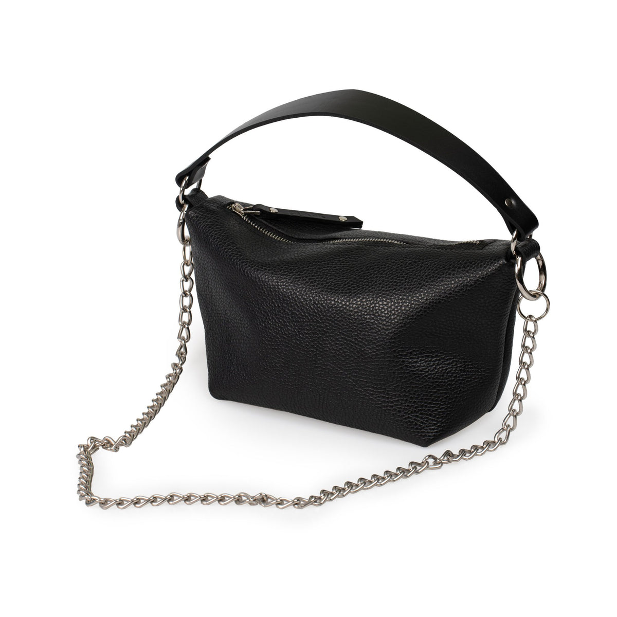 4. Studio shot of PYKOK Soft Leather Baguette Handbag Selena with chain and leather handle