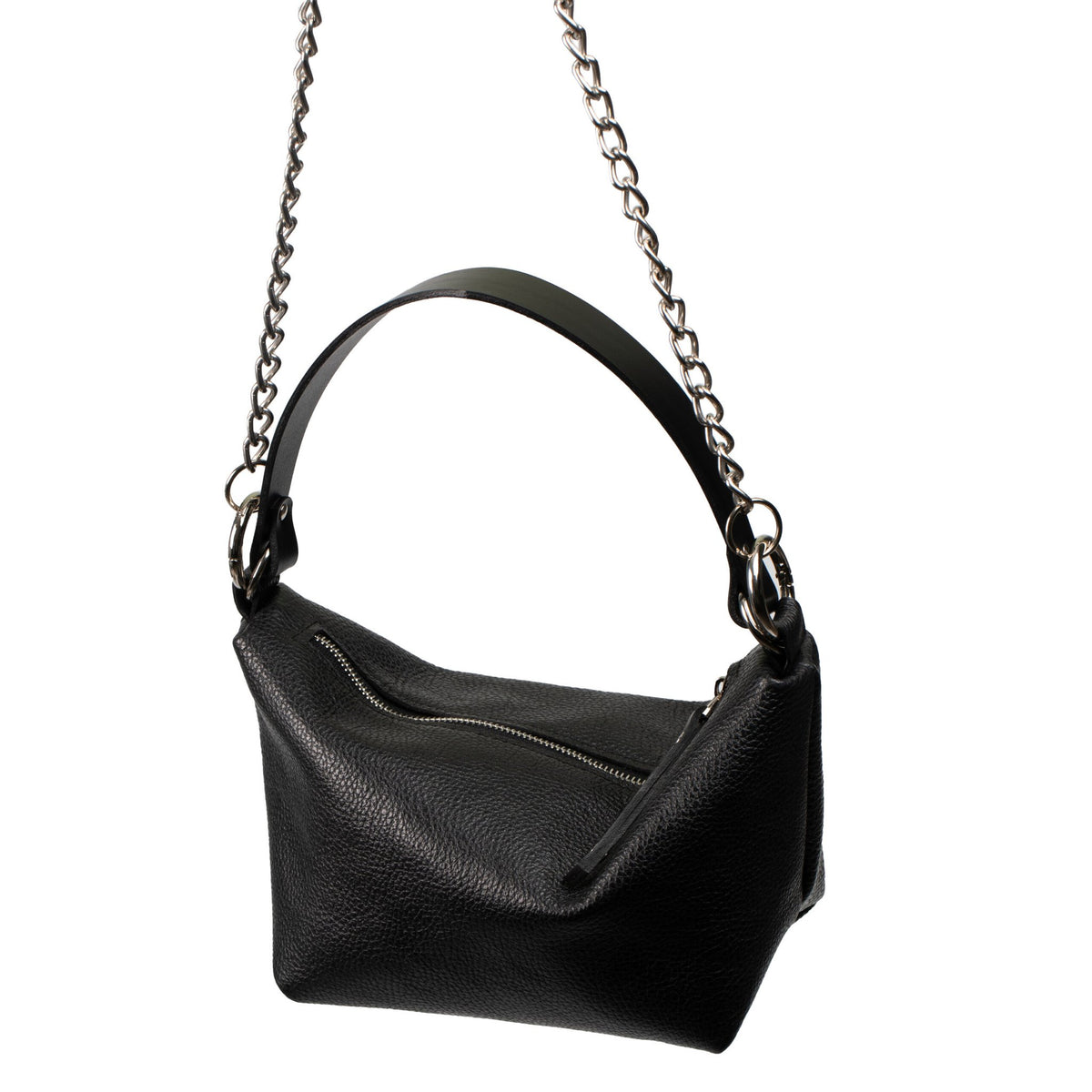 5. Studio image of PYKOK Soft Leather Baguette Handbag Selena hanging by chain