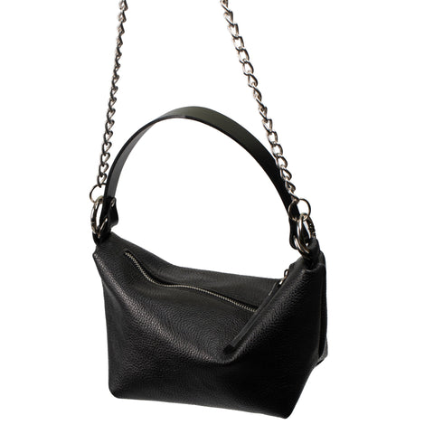 5. Studio image of PYKOK Soft Leather Baguette Handbag Selena hanging by chain