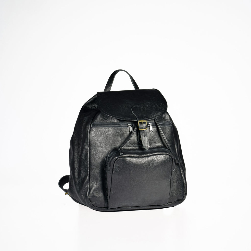1. Papillon black leather backpack with front pocket and buckle detail, shown in studio