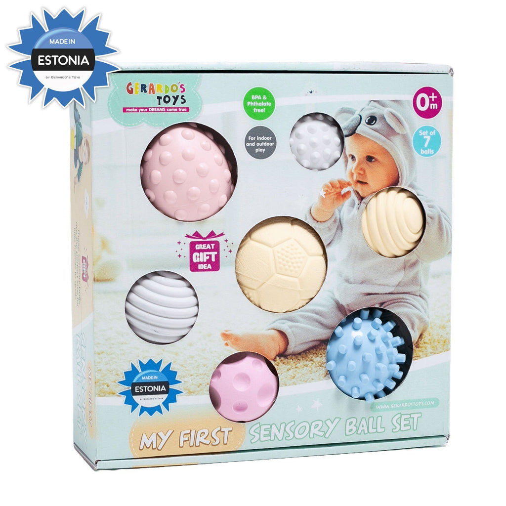 1. Box of Gerardo's Toys sensory balls set for babies, featuring pastel-colored balls with various textures, alongside a baby in a cozy outfit, promoting early development.
