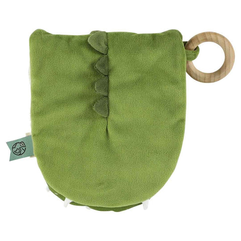 3. Back view of green Trixie Baby Mr. Dino sensory book with wooden ring and fabric spikes
