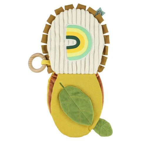 2. Back view of Trixie Baby Mr. Lion sensory book showing textured fabric and green leaf detail