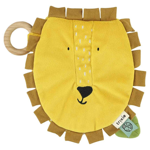 1. Trixie Baby Mr. Lion sensory book with cheerful lion face, yellow organic cotton, and attached wooden ring