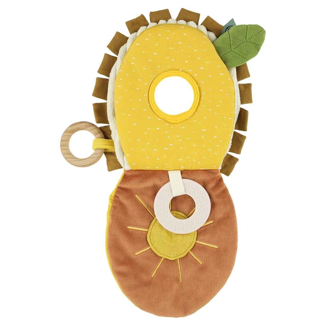 4. Open Trixie Baby Mr. Lion sensory book with mirror, teether, and crinkle paper elements