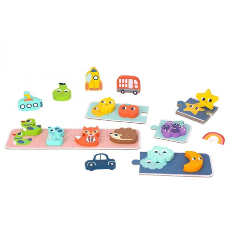 4. Flat lay of Woopie Green sensory puzzle pieces including animal and vehicle shapes on white background