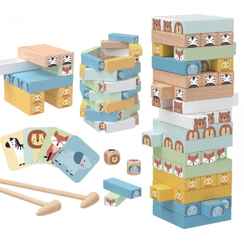 3. Complete set of Shaky Tower game with pastel blocks, animal cards, dice, and wooden hammers