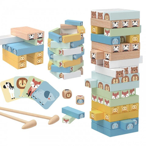 3. Complete set of Shaky Tower game with pastel blocks, animal cards, dice, and wooden hammers
