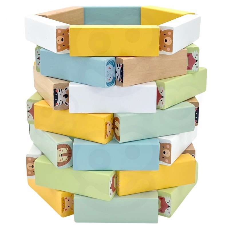 16. Close-up of Shaky Tower game blocks stacked in a circular pattern with animal designs