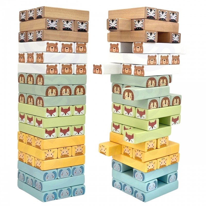 15. Two stacks of Shaky Tower game blocks with animal designs in pastel colors
