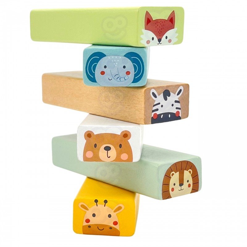 17. Stack of Shaky Tower game blocks with animal faces in pastel colors