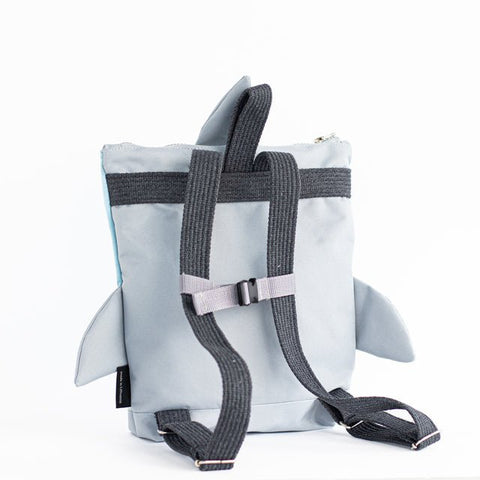 4. Back view of Muni shark backpack showing adjustable straps and shark fin design