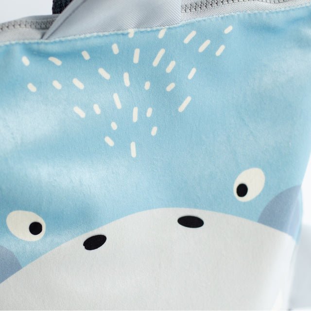 7. Detailed view of Muni shark backpack's top section with shark face design