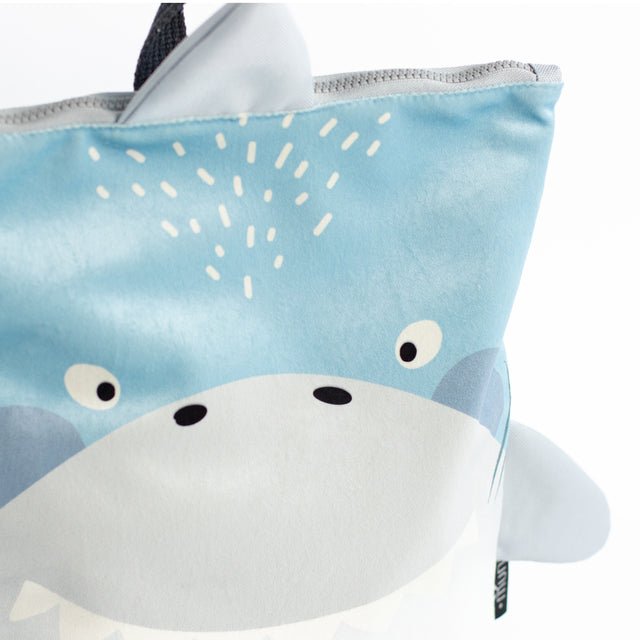 9. Close-up of Muni shark backpack's top section, highlighting shark face and fin details