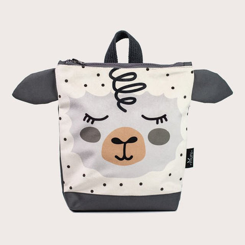 10. Studio shot of Muni sheep backpack, highlighting the sheep design and velvet fabric