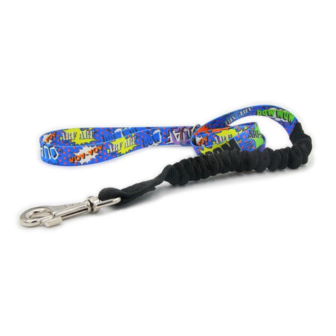 2. Blue graffiti-patterned shock absorbing dog leash with black elastic section and metal snap hook, featuring semicircle handle for attachments, by Matteo, shown on white background