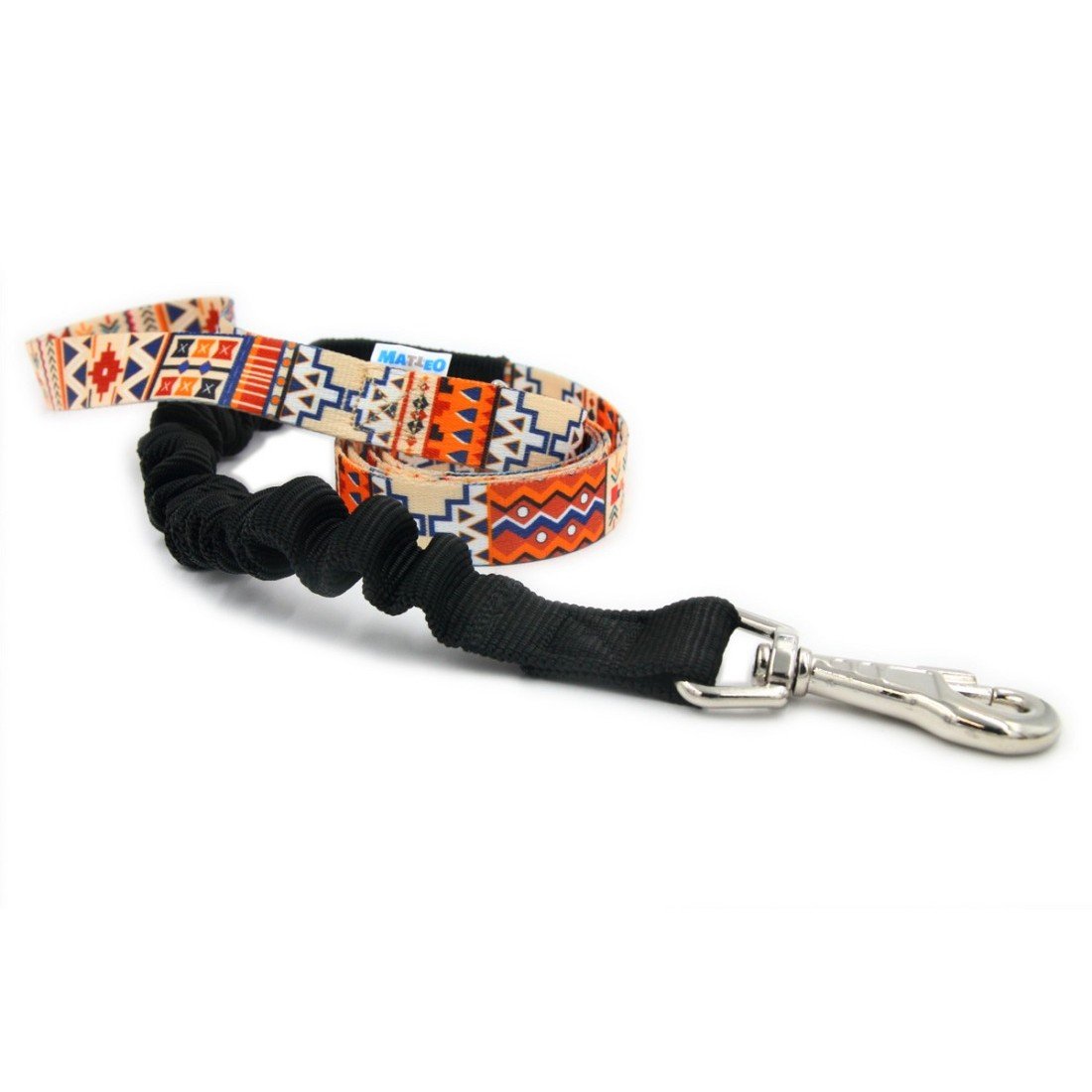 2. Matteo shock absorbing dog leash with boho pattern, featuring a black shock absorber and metal snap hook, shown on a white background