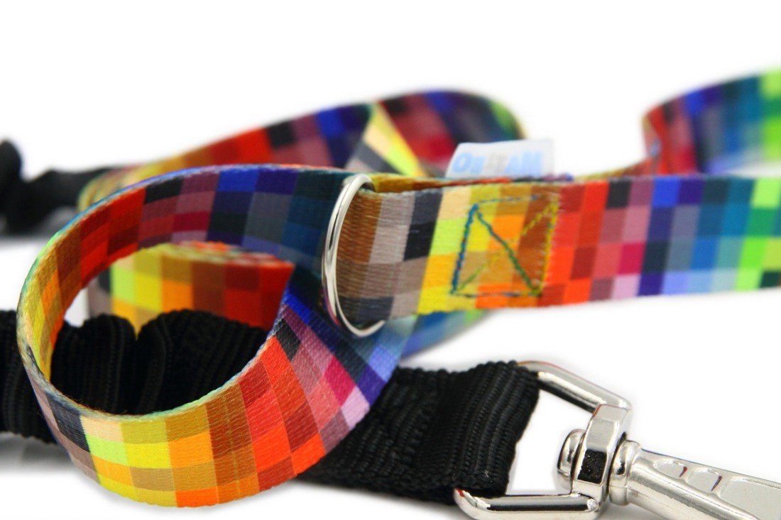 2. Close-up of colorful pixel pattern dog leash with metal semicircle and clip