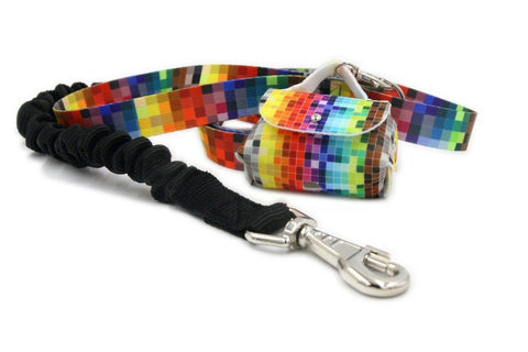 3. Shock absorbing dog leash with colorful pixel pattern and attached waste bag case, shown on white background