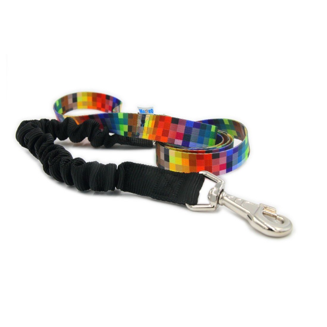 1. Shock absorbing dog leash with colorful pixel pattern and metal clip, shown on white background