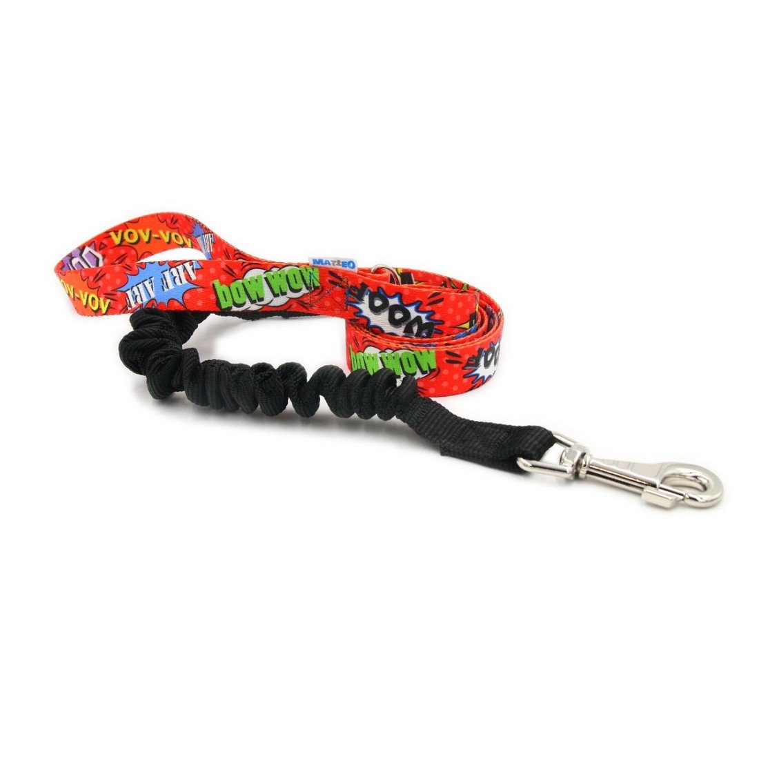 2. Matteo shock absorbing dog leash with red graffiti print, featuring a black shock absorber and metal snap hook, shown on a white background