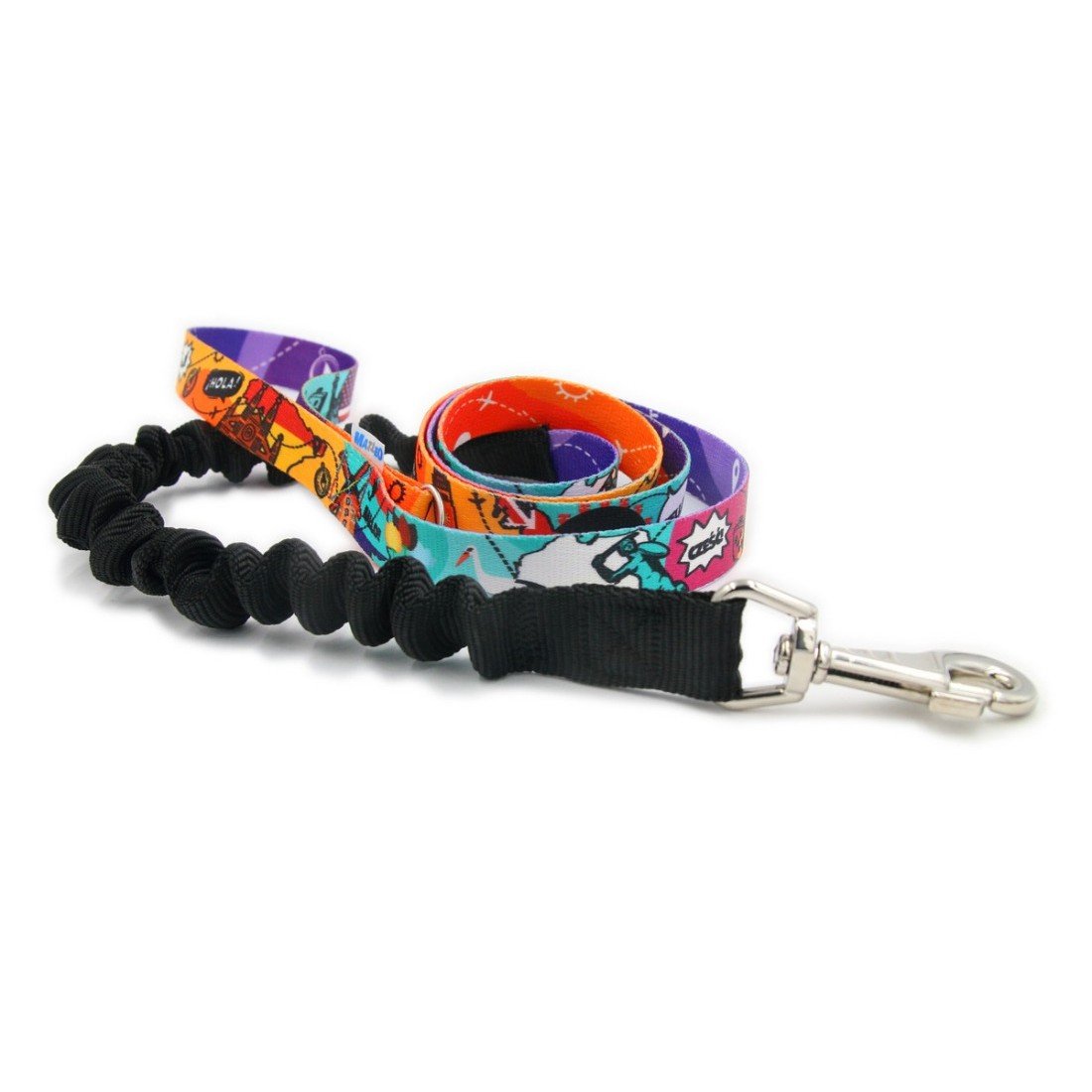 1. Colorful shock absorbing dog leash by Matteo with durable tape and snap hook, featuring a sewn-in shock absorber and semicircle for attachments, shown coiled on a white background.